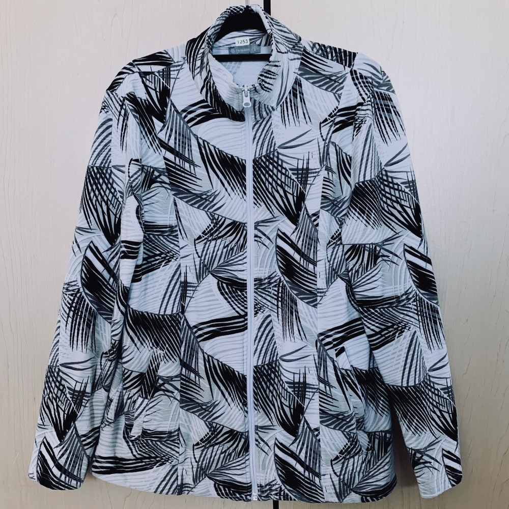 T by Talbots Stretch Full Zip Jacket Women's Black/White Painted Fronds UPF 50‎